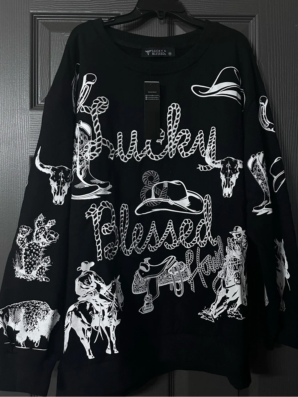 3XL Lucky & Blessed Black Crewneck Sweater with White Western Graphics